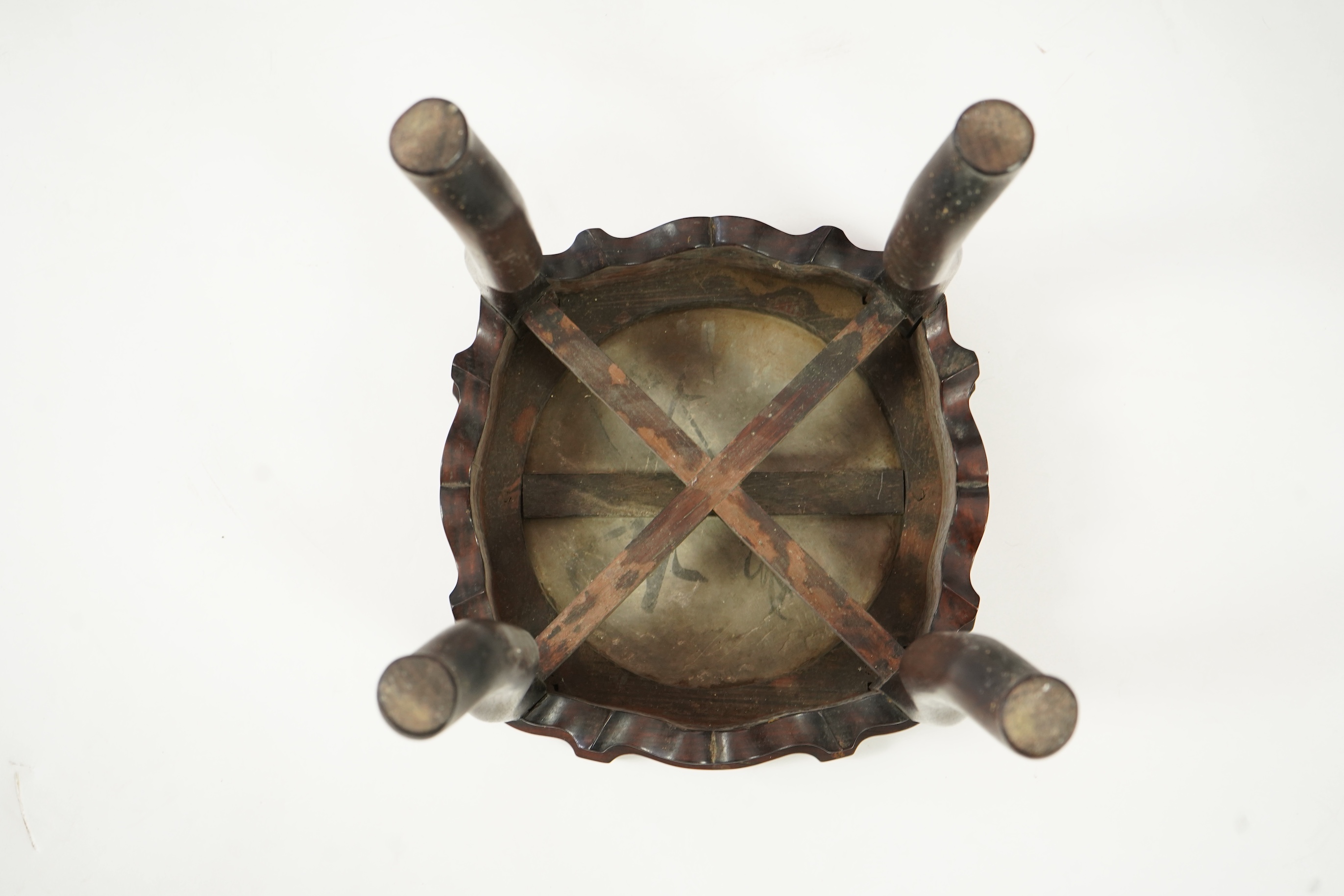 A Chinese dreamstone marble inset hongmu table and four matching stools